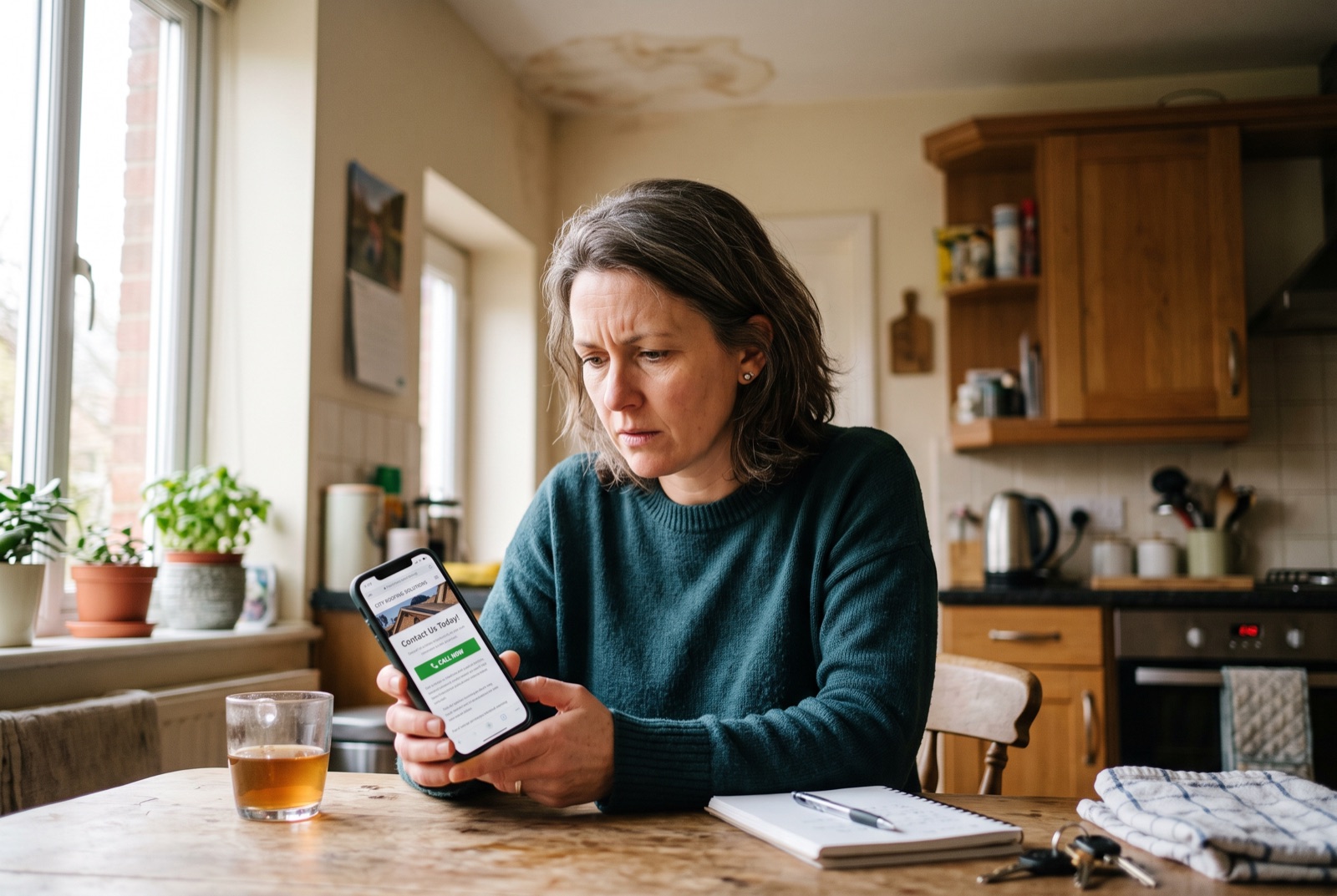 Worried homeowner at a kitchen table checking a roofing website on her phone under a water-stained ceiling